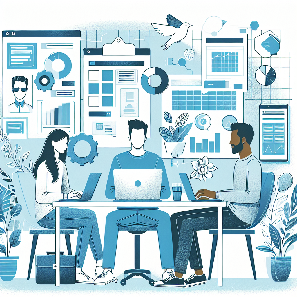 Moderne illustrasjon av et digitalt produktteam som jobber sammen: UX-designer, utvikler og produktleder rundt et bord med skisser, laptop og grafer, nordisk fargepalett