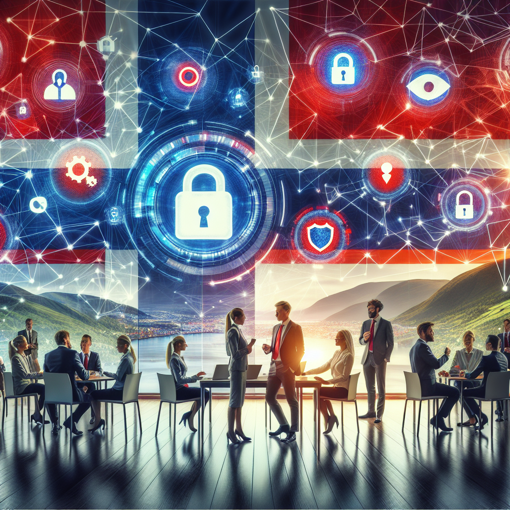 Moderne kontorlandskap med norsk flaggfarge, symboler for cybersikkerhet (lås, skjold), ledere i diskusjon og abstrakte nettverkslinjer i bakgrunnen